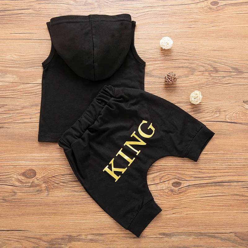 Newborn Baby Boys Clothes Set Letter Print Hoodie Sleeveless Black Sweatshirt Pants Outfits Baby Boy Summer Clothing Set