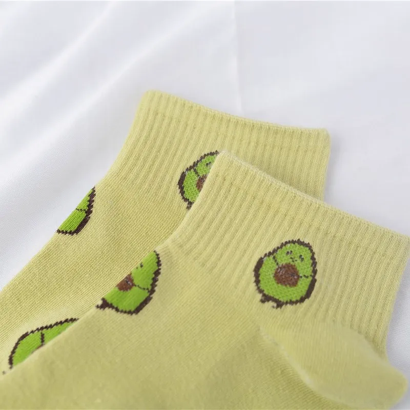 

5 Pairs Spring Summer Cotton Socks Women Avocado Strawberry Embroidery Breathable Funny Sock Harajuku School Girl Ankle Socks