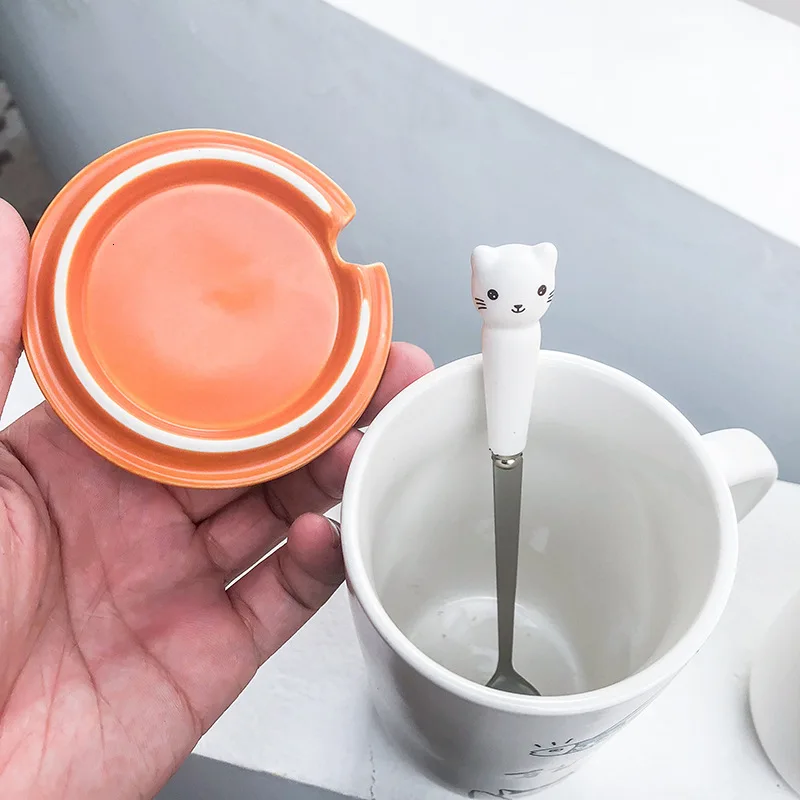 Кофейная кружка керамическая с изображением милого кота крышкой ложкой кружки