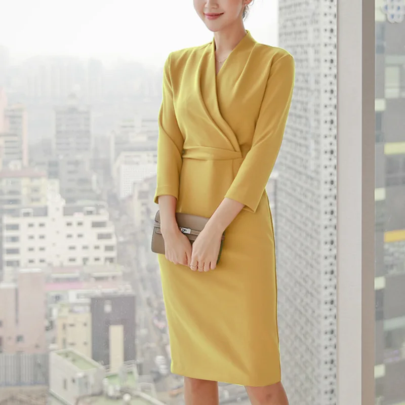

Dongzhou Yali V-neck dress 2021 spring and summer new slim ol royal blue back split skirt