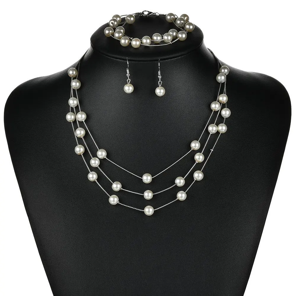 Imitation Pearl Jewelry Set Simulated Pearl Double Layer Women Earrings Necklace Bracelet Sets for Wedding N271