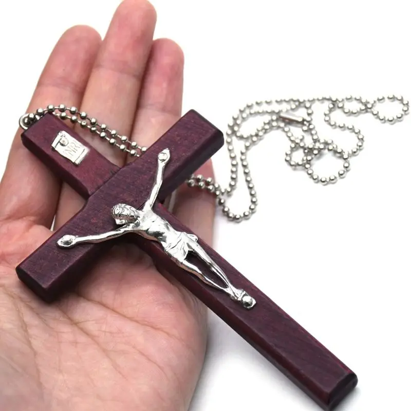 

Wooden Religious Jesus Cross Necklace Christian Crucifix Pendent with Chain Jewelry Charm Gifts for Men