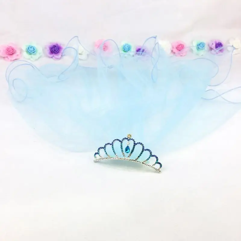 

Flower Girls First Communion Mesh Veil Headband With Gradient Colored Rhinestone Tiara Crown Ruffles Veil Wedding Party