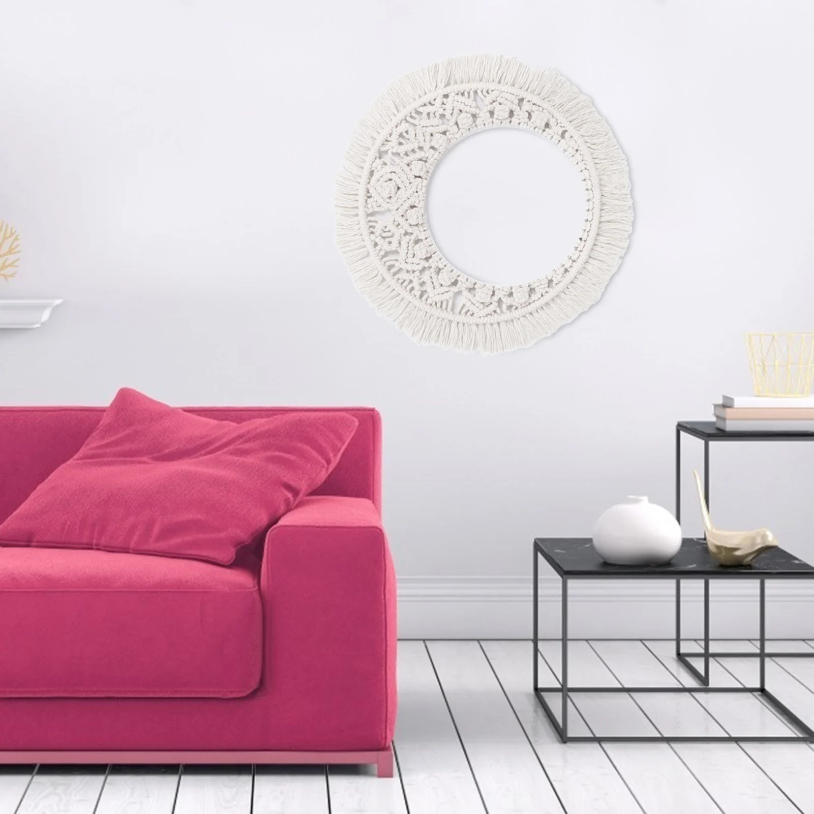 

Tapestry Hand-woven cotton rope tapestry moon Nordic style hanging wall decoration homestay tassel tapestry frame Ornaments