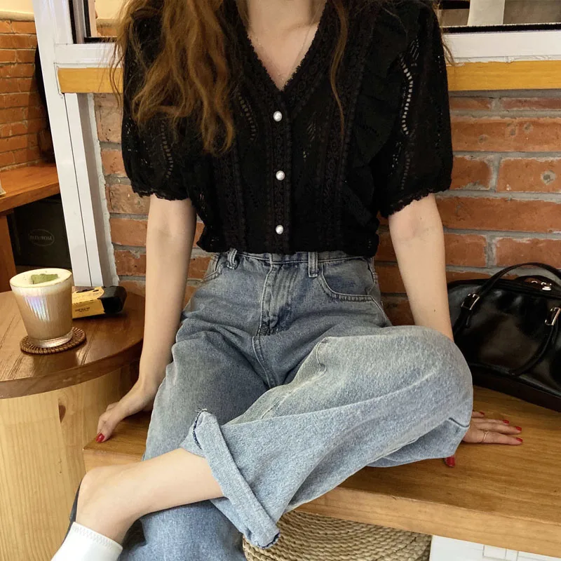 

Summer Sweet Lace Shirt 2021 V Neck Hollow Crochet Loose Women Tops Ruffle Stitching Blouse Short Sleeve Shirt and Blouse 14821