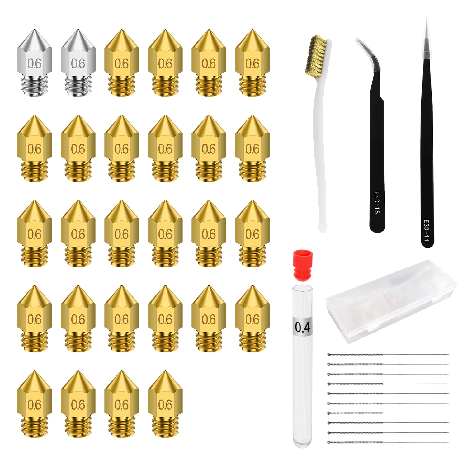 

3D Printer MK8 Nozzle 1.75mm 0.6mm & 2pcs Tweezers & Copper Wire Toothbrush & 0.4 Needles for Creality CR-10 10S Ender 3 5