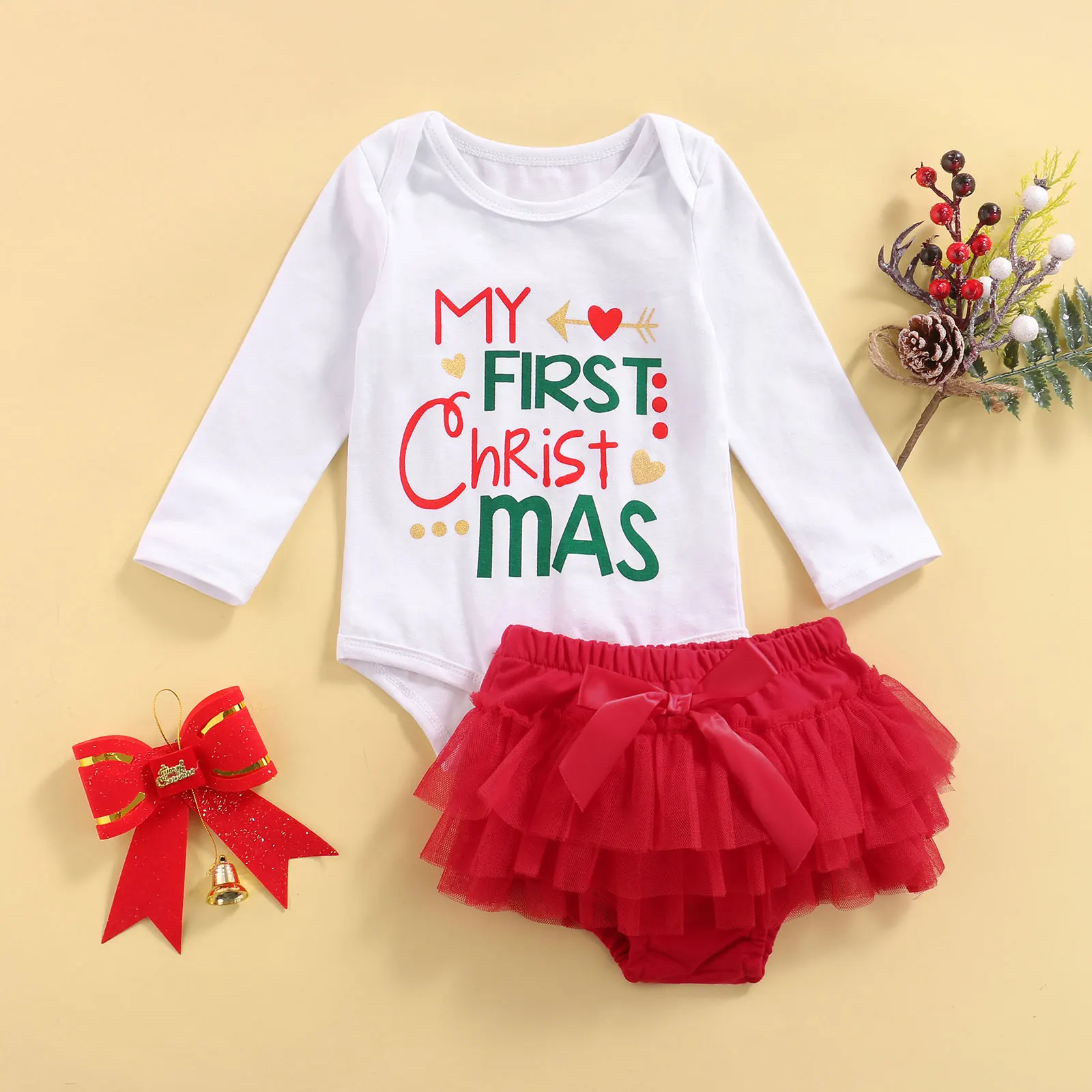 

2Pcs Baby's Sets Letter Printed Long Sleeves Romper Solid Mesh Shorts Toddler Girls Spring Autumn Christmas Clothing 0-18 Months