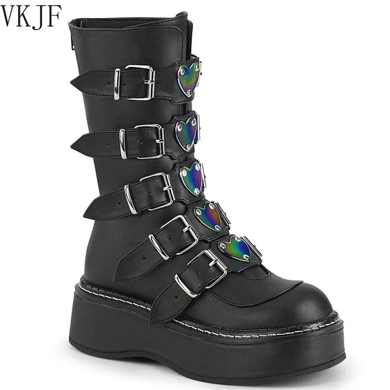 

Женские ботинки до середины икры, осенние ботинки из искусственной кожи на танкетке, обувь на платформе для женщин, 2021, высококачественные г...