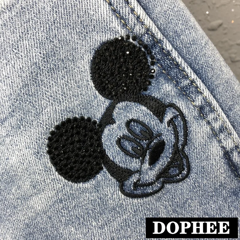 

Cool Mickey Embroidery Hot Drilling Jeans Long Trousers New Spring Women's High-waist Loose-Fit Denim Pants Skinny Harem Pants