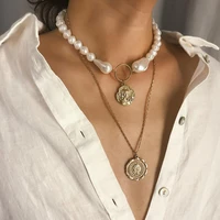 vintage baroque irregular imitation pearls choker necklace carved portrait coins pendant neck collar multi layer necklace gift
