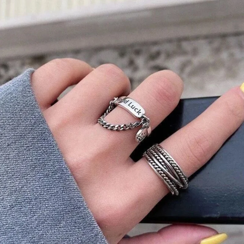 

2 Pcs/Set New Chain Smiley Charm Ring for Women Creative Punk Vintage Goodluck Open Ring Index Finger Ring Korea Jewelry 2021