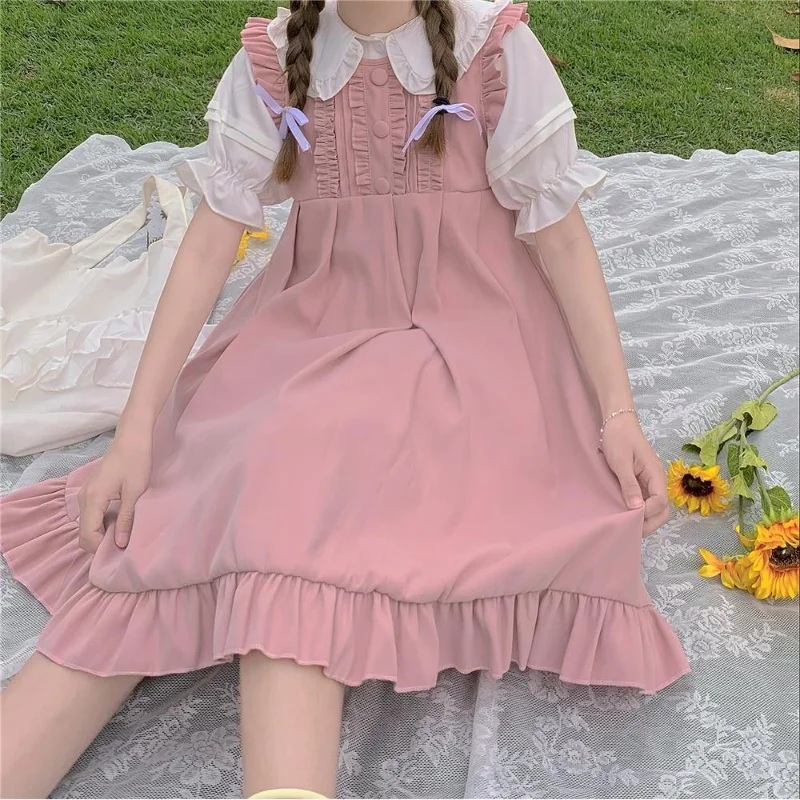 HOUZHOU Kawaii Summer Dress Pink Sweet Lolita Japanese Preppy Style Ruffle Short Dress Cute Vintage Sundresses women Sleeveless