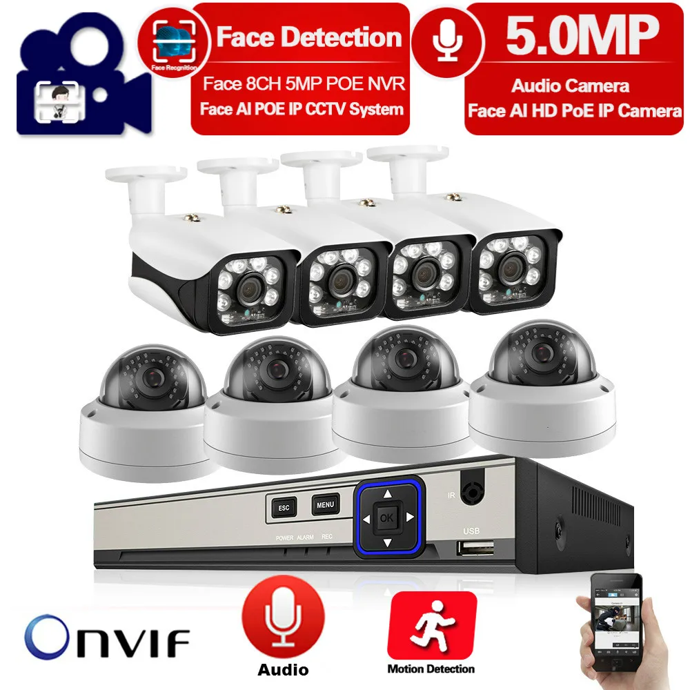 Распознавание лиц H.265 8CH 5MP NVR POE безопасности Камера Системы открытый