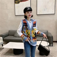 2021 new spring and autumn v neck jacquard vintage color matching knitted vest cardigan short coat button