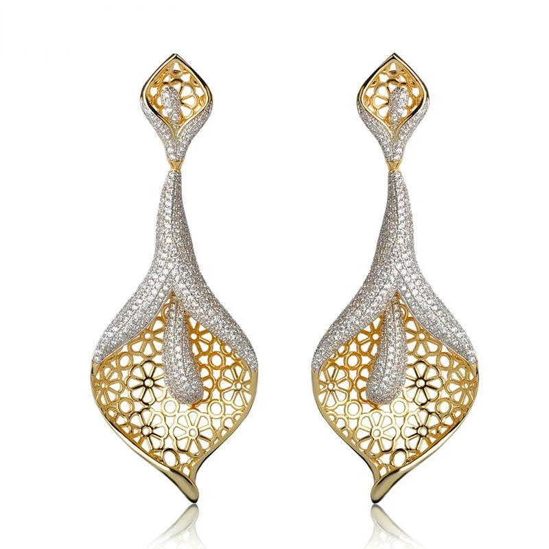 

BLUCOME Exquisite Hollow Flower Drop Earrings Cubic Zirconia 2 Tones Plating Max Brincos Fashion Naija Wedding Jewelry pusheen