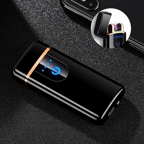 Черный Smart Touch сенсор USB перезаряжаемая двойная дуга беспламенная плазменная электрическая зажигалка датчик отпечатков пальцев Светодиодный дисплей питания - Цвет: Черный