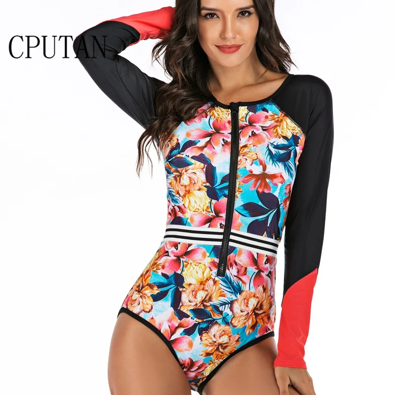 Женский купальный костюм с длинным рукавом и принтом для дайвинга серфинга