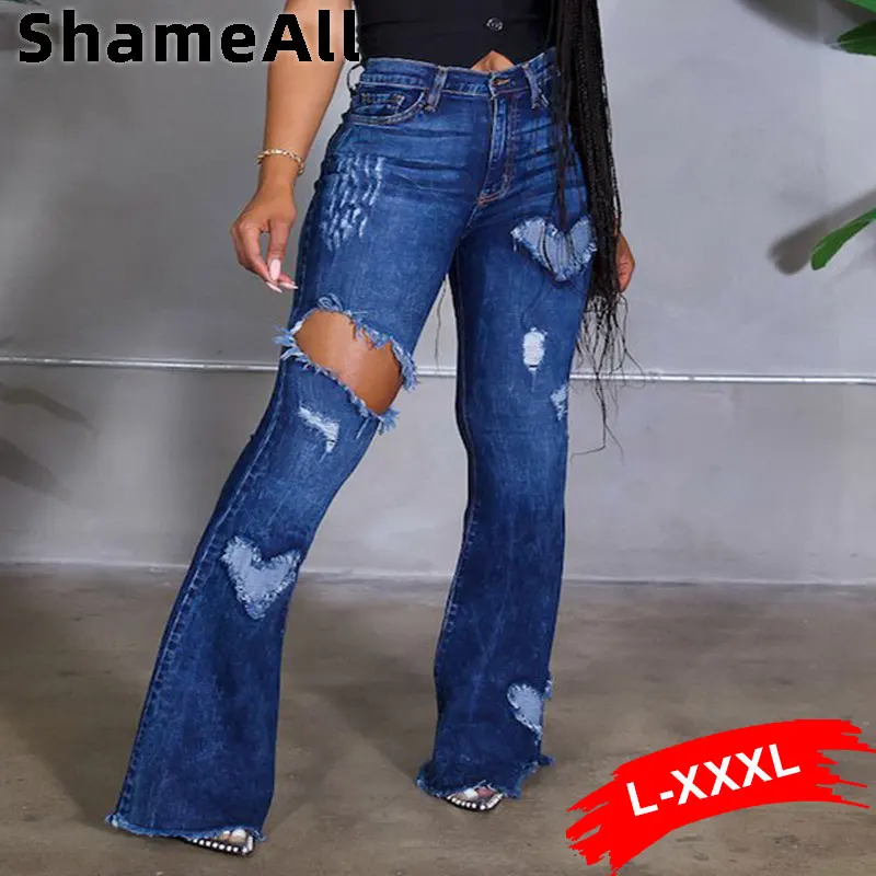 

Plus Size Low Rise Heart Pattern Stonewashed Flare Jeans 3XL Indie Aesthetic Ripped Holes Wide Leg Denim Pants Slim Fit Trousers