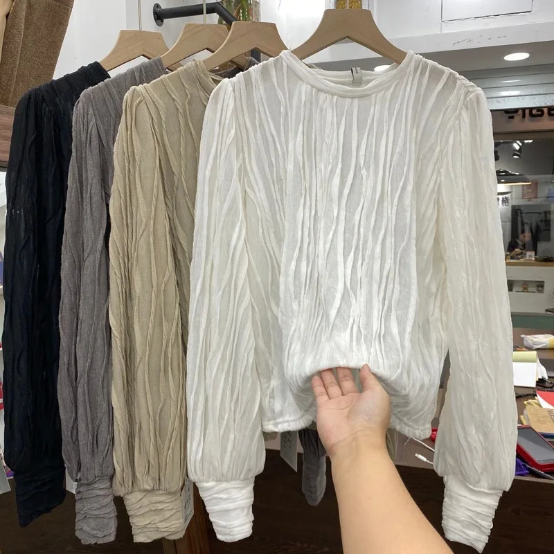 

Women's Round Neck Pleated Fashion Solid Color Shirt Women 2021 Spring and Autumn New Loose Hedging Fashion Temperament Top