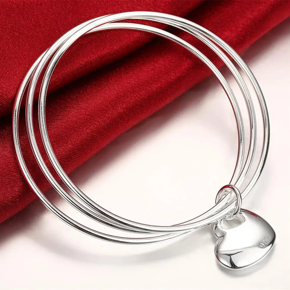 

Hot 925 Sterling Silver three circles hanging heart bangle Bracelets for Women Fashion Party Holiday gifts Girl student Jewelry