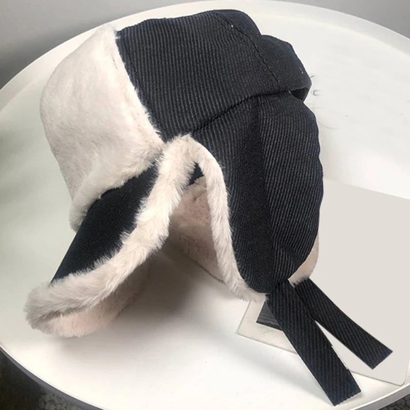 

Thick Warm Winter Hat Lady Earflap Trapper Snow Ski Cap Fleece Fur Russian Hat Female Solid Bomber Hat Women Russian Cap