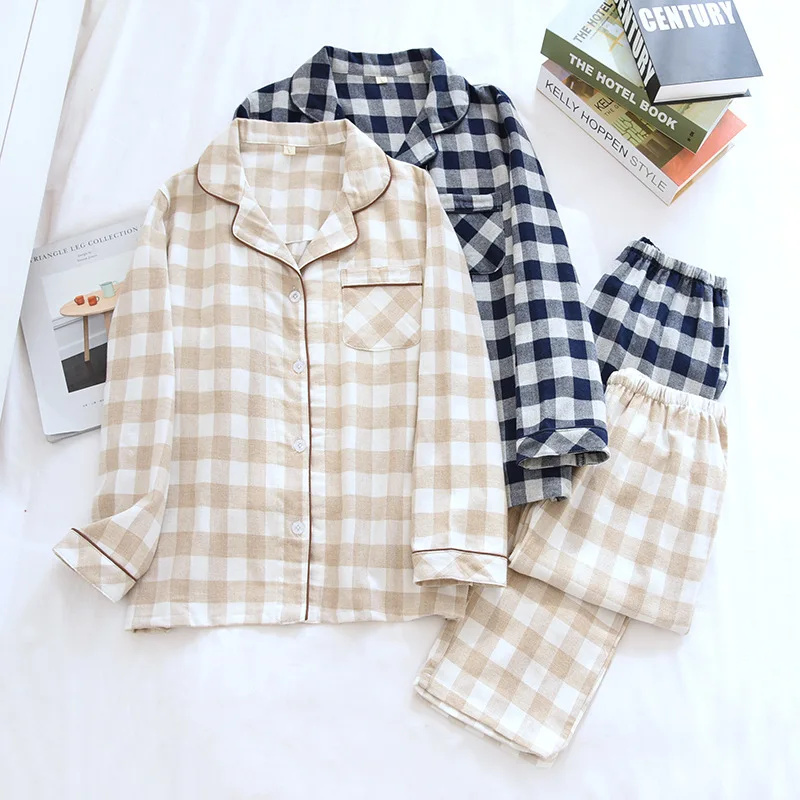 

Brushed Plaid matching pjs couple Pajamas Spring and Autumn Cotton Casual Comfortable Loose Home Clothes Breathable Pajamas Set