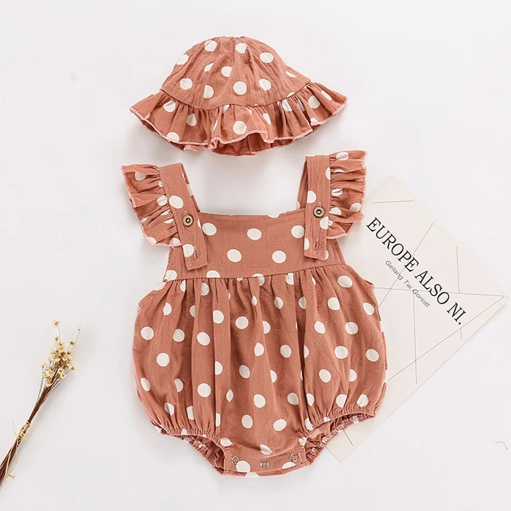 

2021 Newborn Baby Girls Clothes Summer Sunsuit Dot Casual Printed Princess Rompers+Hat Brief Set Infant Outfit Girl Jumpsuit