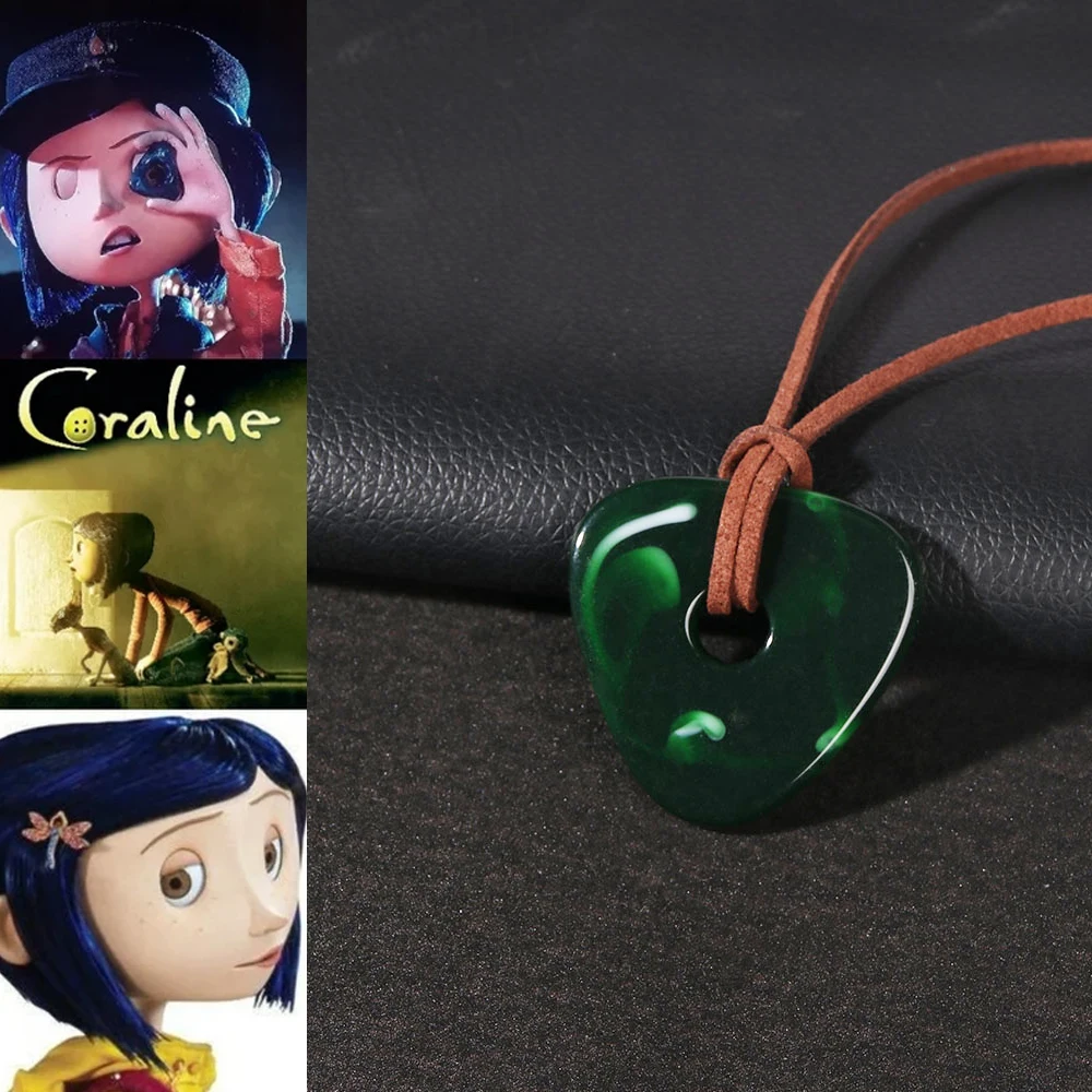 Coraline Seeing Stone Necklace Handmade Rope Chain Green Looking Stone Skeleton Key Pendant Necklace Dragonfly Hair Pin Jewelry