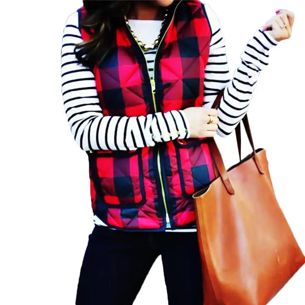 Осенне-зимняя женская одежда пикантный красный черный клетчатый жилет на молнии
