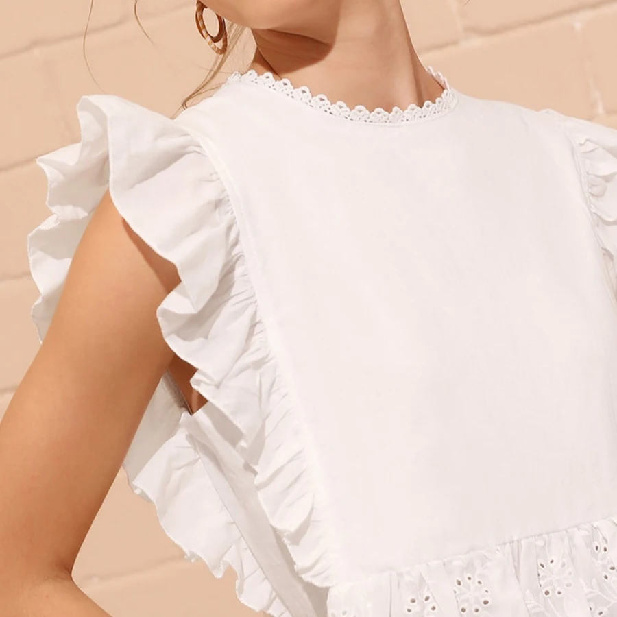 Женская Облегающая рубашка с оборками Однотонная без рукавов круглым вырезом и