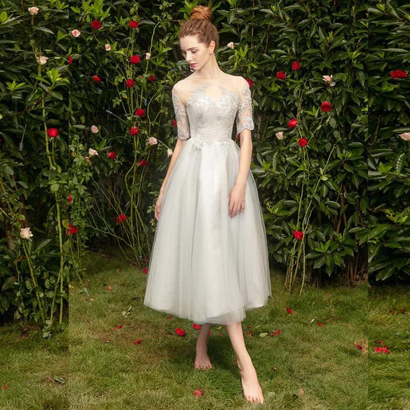 Sexy Illusion Lace Long Evening Dresses Robe De Soiree Elegant Party Half Sleeve Bridesmaid Dress | Свадьбы и торжества