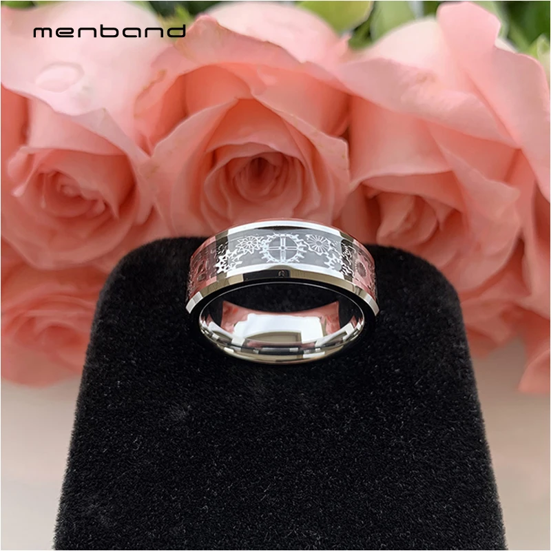 Перстень из вольфрама для мужчин и женщин с механическим шестеренчатым колесом, вставкой из черного углеродного волокна и фасками на краях 8 мм, комфортная посадка.