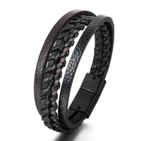 fashion hand woven leather cord layered bracelet black magnetic buckle bracelet punk wristband glamour mens jewelry