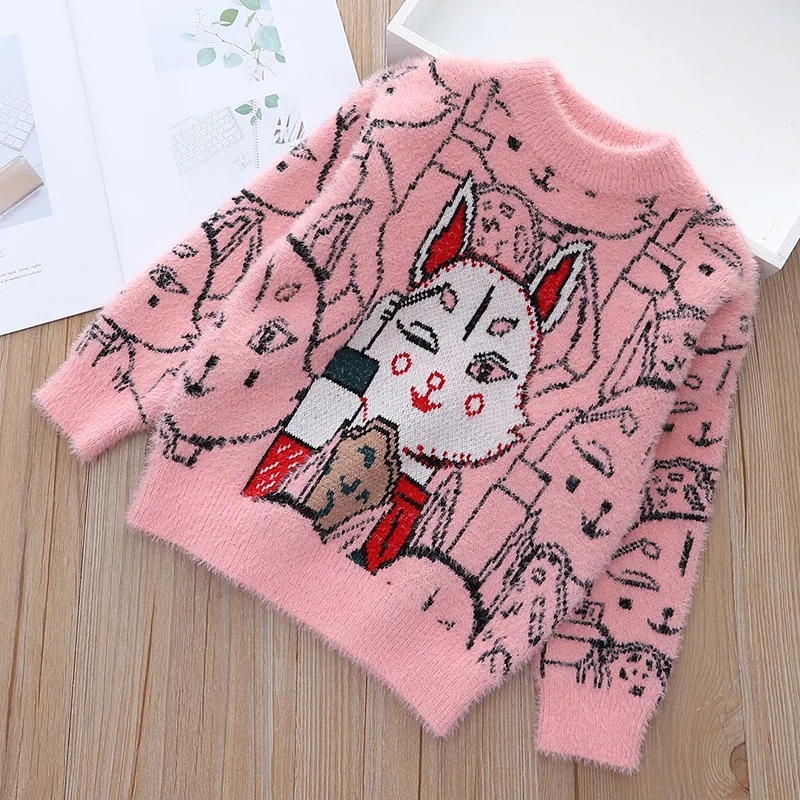 

New Autumn Winter Girls Top Clothes Children 2021 Fashion Korean Cartoon Cat Sweater 4-10Y Unsex Long Sleeve Knitted T-shirt