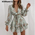 Осеннее женское шифоновое мини-платье с принтом и оборками, 2021, сексуальные платья с рукавами-фонариками и эластичной талией на шнуровке, женское вечернее платье