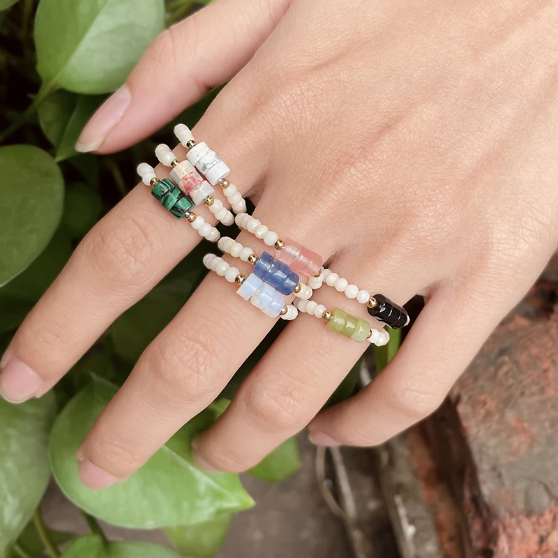 

Trendy Colourful Crystal Natural Stone Ring Fashion Geometric Beaded Rings Women Girls Handmade Elastic Adjustable Jewelry 2021