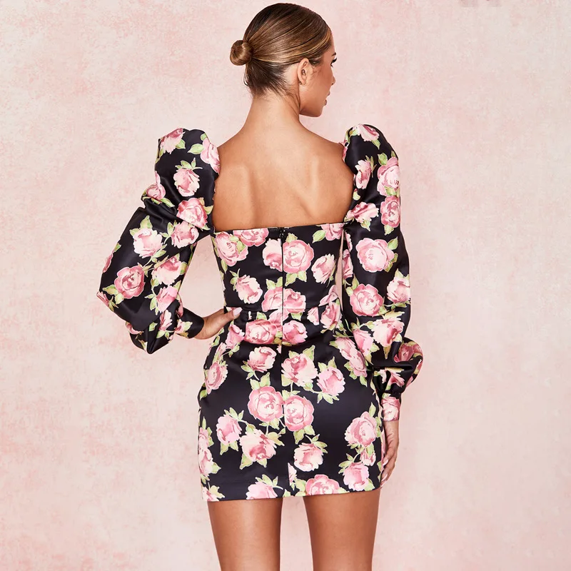 

2020 Rose Floral Print Long Puff Sleeve Ruched Sexy Mini Dress Autumn Winter Women Party Elegant Streetwear Outfits