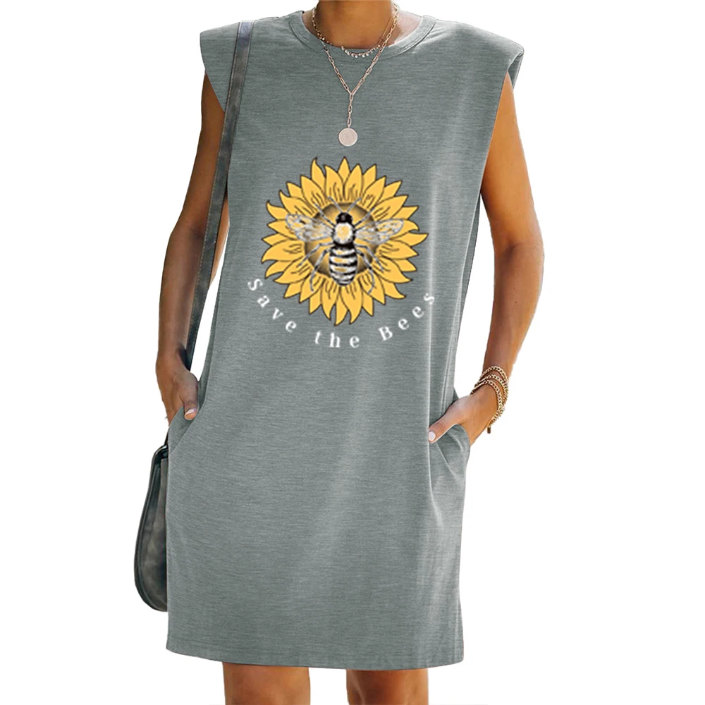 

Samdolly Loose Pocket Sundress Women Sleeveless Round Neck Printing Loose Casual Comfortable Knee Length Dress Vestido Feminino
