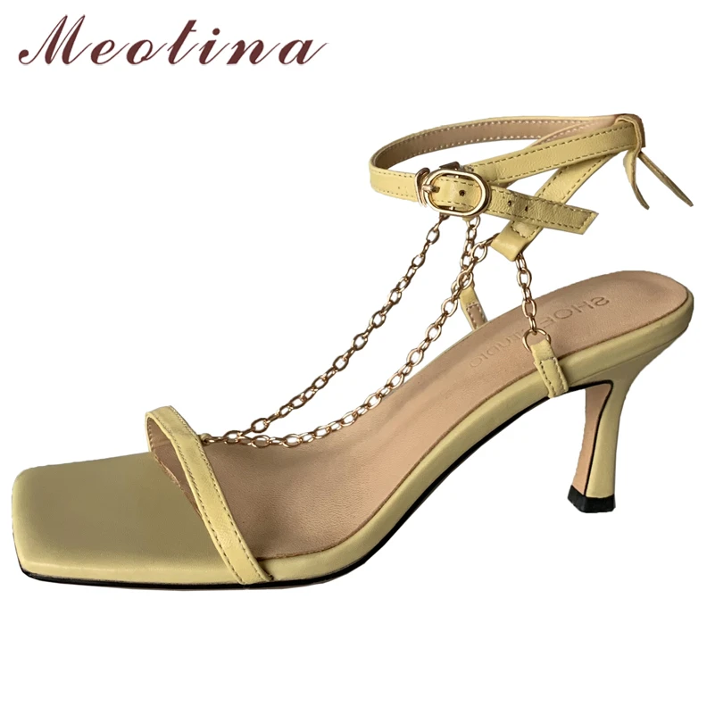

Meotina Sandals Women Genuine Leather Shoes Narrow Band High Heels Sandals Thin Heel Sexy Square Toe Ladies Footwear Summer Pink