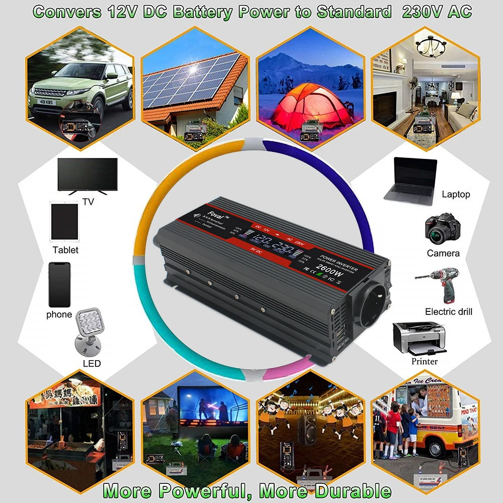 Инвертор DC12V на AC 220V 2000W с европейской розеткой, солнечный модифицированный синус с ЖК-дисплеем.