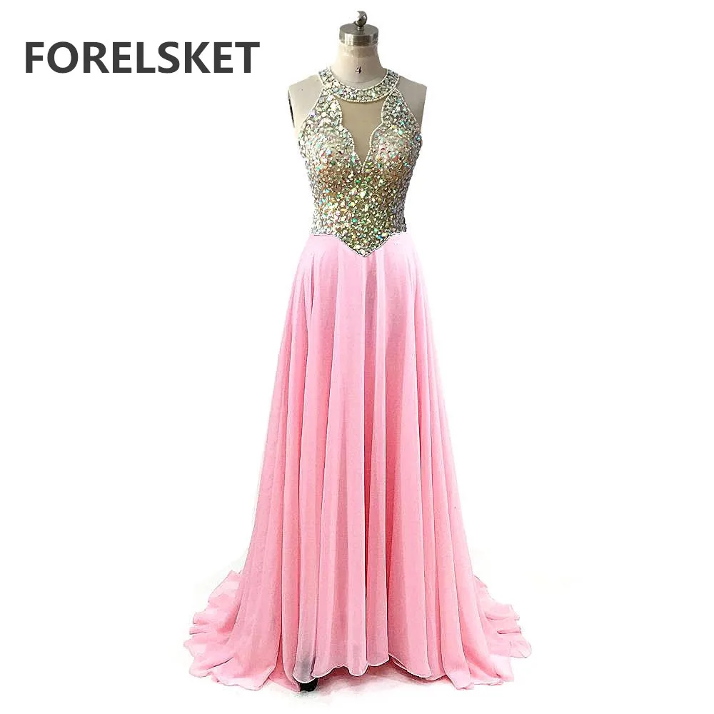 

A line Blush Pink Chiffon Prom Dresses Long 2020 Crystal Beading Illusion Sequin O-Neck Formal Evening Party Gowns For Women