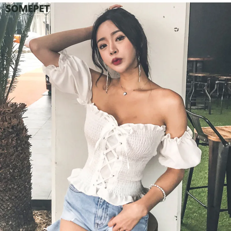 

New Arrival Boho Sexy Summer Crop Top Womens Tops and Blouses Puff Sleeve Off Shoulder Lace Up Beach Shirt blusa feminina