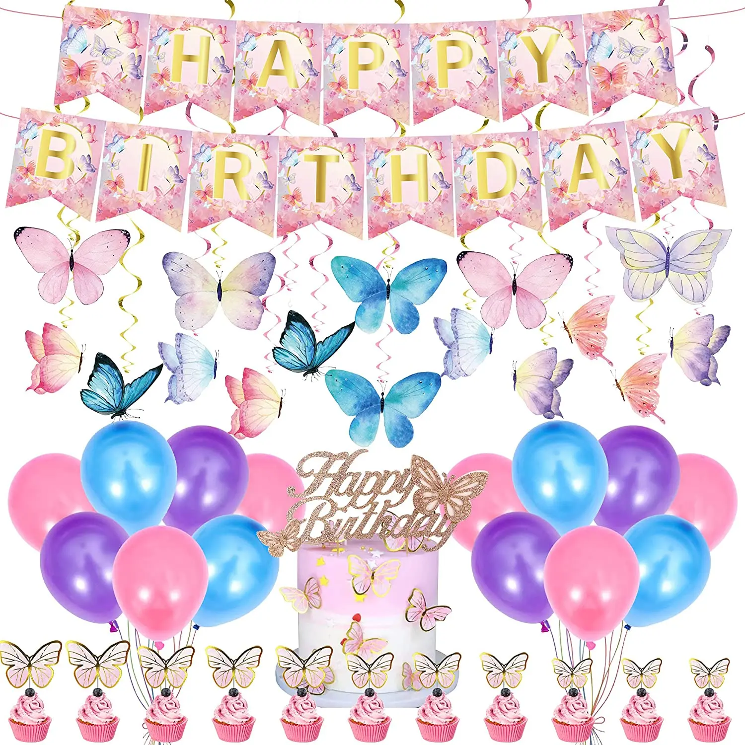 

67 Pcs Butterfly Party Decorations Hanging Swirl Decorations Happy Birthday Banner Cupcake Card Butterfly Pattern Latex Balloon