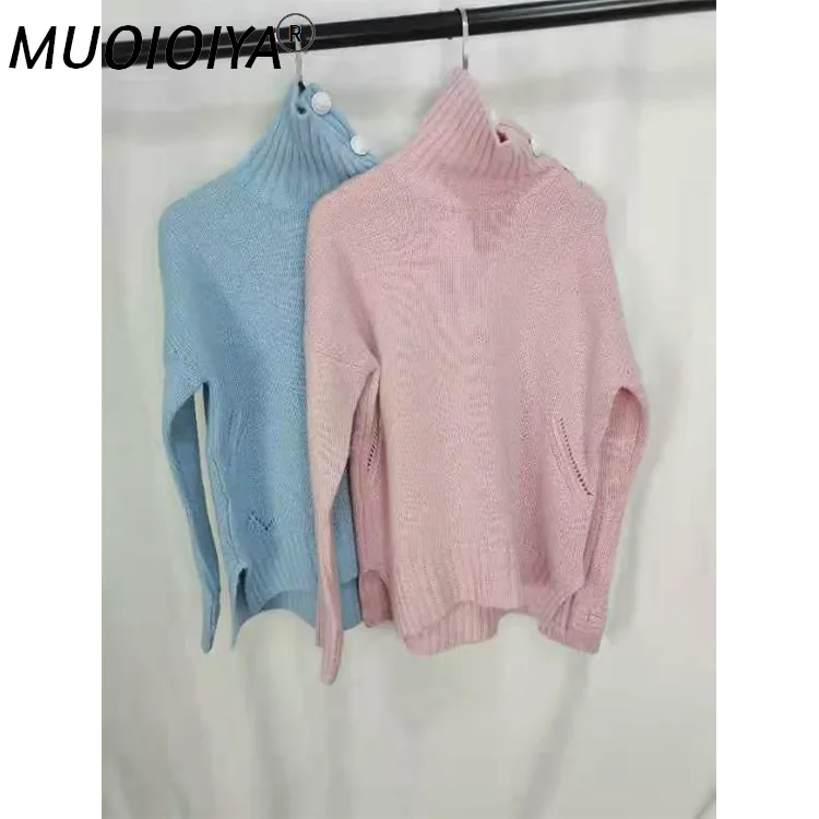 

Turtleneck 100% Cashmere Sweaters Women Solid Color Long Sleeve Jumper with Buttons