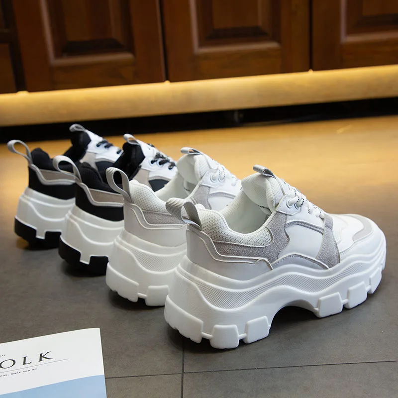 

Women Chunky Sneakers Vulcanize Shoes Korean Fashion New Female Black White Platform Thick Sole Running Casual Shoe Woman 7cm