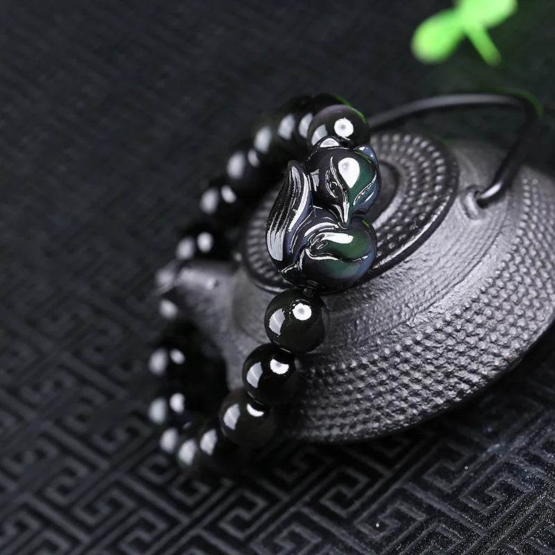 Браслет с круглыми бусинами из натурального черного обсидиана Радужный глаз