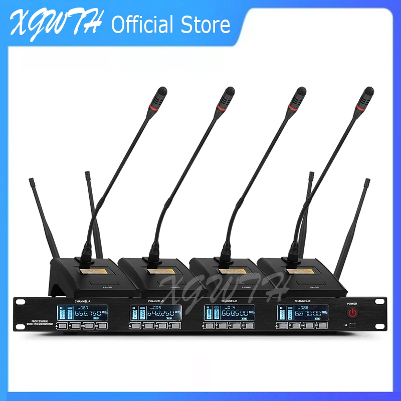 구매 UHF-4 테이블 무선 구즈넥 마이크 시스템, 오디오 콘덴서 마이크, 디지털 회의실 마이크 세트, 안테나 수신기 4 개 포함