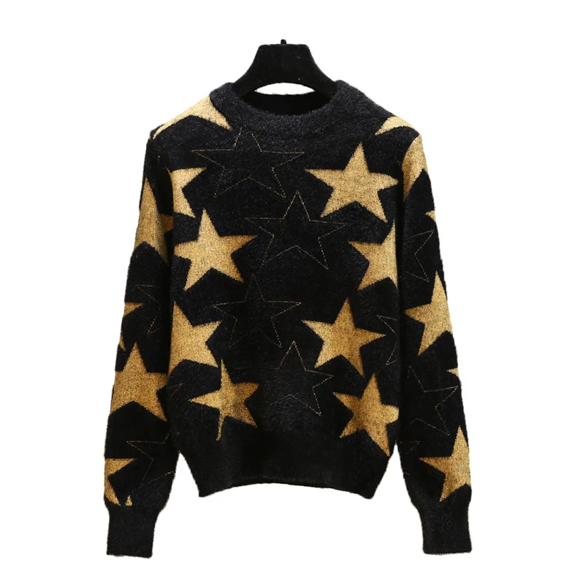 Fashion house spring 2019 fashion line stylish black sweater star mink fleece loose-fitting slim top | Женская одежда