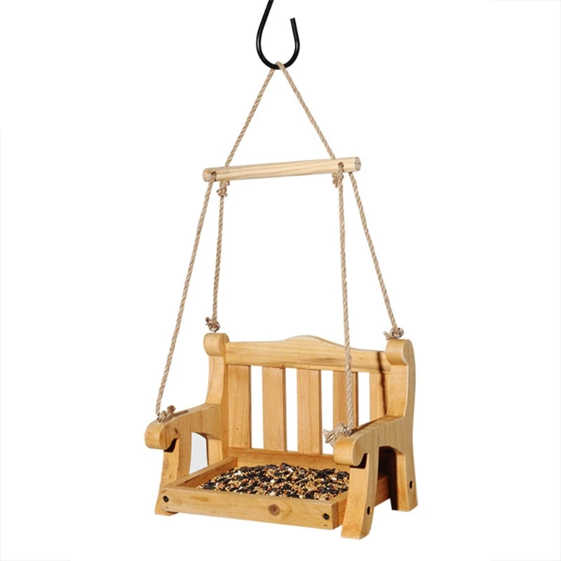 

Hanging Bird Feeder Swing Chair Mesh Tray Durable Wooden Rice Grain Nuts Feeder for Garden Great for Attracting Birds
