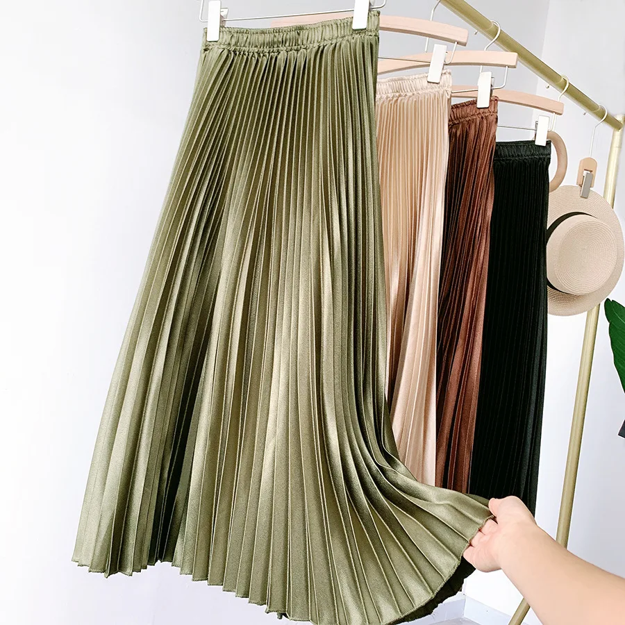 Treutoyeu Gothic Metallic Black Pleated Long Skirt Vintage High Waisted A Line Satin Skirts Womens Korean Style 2020 Winter